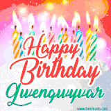 Bright birthday candles with rainbow flames on a cake, alongside the text 'Happy Birthday Gwengwyvar' in vibrant script in this celebratory animated GIF.
