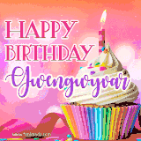 A vibrant birthday GIF featuring a rainbow-colored cupcake topped with white frosting, sprinkles, and a lit candle. The text reads 'Happy Birthday Gwengwyvar' in bold pink and violet letters with white outline.