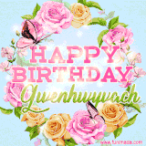 A charming animated GIF featuring 'Happy Birthday Gwenhwyvach' in pink and green text, surrounded by delicate roses, leaves, and fluttering butterflies on a soft light blue pastel background.