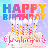 A vibrant animated name GIF with the words 'Happy Birthday Gwenhwyvach' with colorful candles on a creamy cake. The background sparkles with pastel shades, adding a festive touch.