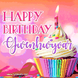 A vibrant birthday GIF featuring a rainbow-colored cupcake topped with white frosting, sprinkles, and a lit candle. The text reads 'Happy Birthday Gwenhwyvar' in bold pink and violet letters with white outline.