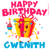 A vibrant and funny gift box character with a happy face dancing with a cupcake and the text 'Happy Birthday Gwenith,' surrounded by animated confetti and party vibes.