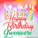 Bright birthday candles with rainbow flames on a cake, alongside the text 'Happy Birthday Gwenivere' in vibrant script in this celebratory animated GIF.