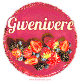 Beautifully decorated red velvet berry birthday cake with vibrant fruits and a glowing 'Gwenivere' name, adding a touch of sweetness and sparkle.