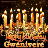 A glowing personalized birthday GIF with name Gwenivere featuring lit candles with intricate designs, warm lighting, and the text 'Happy Birthday' in an elegant font.