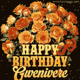 Animated bouquet of orange roses with moving butterfles and golden 'Happy Birthday Gwenivere' text, surrounded by sparkling accents and a dark backdrop for a luxurious feel.