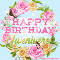 A charming animated GIF featuring 'Happy Birthday Gwenivere' in pink and green text, surrounded by delicate roses, leaves, and fluttering butterflies on a soft light blue pastel background.