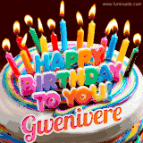 A colorful birthday cake topped with lit candles, with the words 'Happy Birthday Gwenivere' in bold glowing letters on a burgundy background. Animated flames add a festive touch.