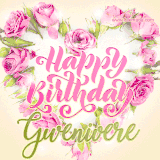 A stunning heart made of pink roses surrounds the elegant script text 'Happy Birthday Gwenivere' on a soft beige background. Animated sparkles add a magical and festive feel.