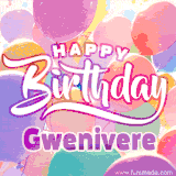 A vibrant name GIF featuring colorful balloons in shades of pink, orange, and yellow with the bold text 'Happy Birthday Gwenivere' in festive fonts, creating a lively birthday vibe.