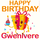 A vibrant and funny gift box character with a happy face dancing with a cupcake and the text 'Happy Birthday Gwenivere,' surrounded by animated confetti and party vibes.