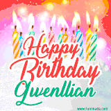 Bright birthday candles with rainbow flames on a cake, alongside the text 'Happy Birthday Gwenllian' in vibrant script in this celebratory animated GIF.