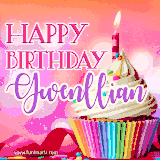 A vibrant birthday GIF featuring a rainbow-colored cupcake topped with white frosting, sprinkles, and a lit candle. The text reads 'Happy Birthday Gwenllian' in bold pink and violet letters with white outline.