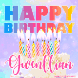 A vibrant animated name GIF with the words 'Happy Birthday Gwenllian' with colorful candles on a creamy cake. The background sparkles with pastel shades, adding a festive touch.