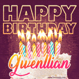 A colorful birthday cake topped with lit candles, with the words 'Happy Birthday Gwenllian' in bold glowing letters on a burgundy background. Animated flames add a festive touch.