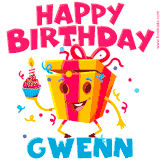 A vibrant and funny gift box character with a happy face dancing with a cupcake and the text 'Happy Birthday Gwenn,' surrounded by animated confetti and party vibes.