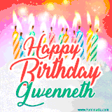 Bright birthday candles with rainbow flames on a cake, alongside the text 'Happy Birthday Gwenneth' in vibrant script in this celebratory animated GIF.