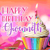 A vibrant birthday GIF featuring a rainbow-colored cupcake topped with white frosting, sprinkles, and a lit candle. The text reads 'Happy Birthday Gwenneth' in bold pink and violet letters with white outline.