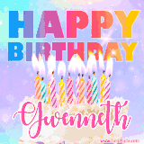 A vibrant animated name GIF with the words 'Happy Birthday Gwenneth' with colorful candles on a creamy cake. The background sparkles with pastel shades, adding a festive touch.
