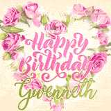 A stunning heart made of pink roses surrounds the elegant script text 'Happy Birthday Gwenneth' on a soft beige background. Animated sparkles add a magical and festive feel.