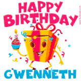 A vibrant and funny gift box character with a happy face dancing with a cupcake and the text 'Happy Birthday Gwenneth,' surrounded by animated confetti and party vibes.