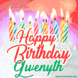 Bright birthday candles with rainbow flames on a cake, alongside the text 'Happy Birthday Gwenyth' in vibrant script in this celebratory animated GIF.