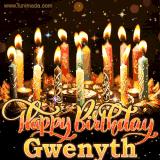A glowing personalized birthday GIF with name Gwenyth featuring lit candles with intricate designs, warm lighting, and the text 'Happy Birthday' in an elegant font.