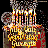 A chocolate birthday cake with glowing candles, the German text 'Alles Gute zum Geburtstag Gwenyth,' and vibrant fireworks lighting up the background in an animated GIF.
