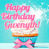 A festive cupcake with pink icing, a gingham bow, and a lit animated sparkler, paired with 'Happy Birthday Gwenyth!' in bright pink text.