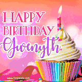 A vibrant birthday GIF featuring a rainbow-colored cupcake topped with white frosting, sprinkles, and a lit candle. The text reads 'Happy Birthday Gwenyth' in bold pink and violet letters with white outline.