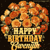 Animated bouquet of orange roses with moving butterfles and golden 'Happy Birthday Gwenyth' text, surrounded by sparkling accents and a dark backdrop for a luxurious feel.