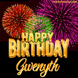A golden 'Happy Birthday Gwenyth' message with vibrant fireworks in the background, creating a festive and celebratory vibe in this animated name GIF.
