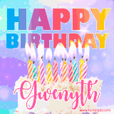 A vibrant animated name GIF with the words 'Happy Birthday Gwenyth' with colorful candles on a creamy cake. The background sparkles with pastel shades, adding a festive touch.