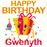 A vibrant and funny gift box character with a happy face dancing with a cupcake and the text 'Happy Birthday Gwenyth,' surrounded by animated confetti and party vibes.