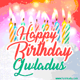 Bright birthday candles with rainbow flames on a cake, alongside the text 'Happy Birthday Gwladus' in vibrant script in this celebratory animated GIF.