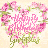 A stunning heart made of pink roses surrounds the elegant script text 'Happy Birthday Gwladus' on a soft beige background. Animated sparkles add a magical and festive feel.