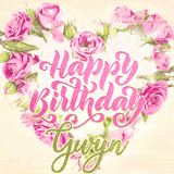 A stunning heart made of pink roses surrounds the elegant script text 'Happy Birthday Gwyn' on a soft beige background. Animated sparkles add a magical and festive feel.