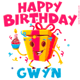 A vibrant and funny gift box character with a happy face dancing with a cupcake and the text 'Happy Birthday Gwyn,' surrounded by animated confetti and party vibes.