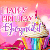 A vibrant birthday GIF featuring a rainbow-colored cupcake topped with white frosting, sprinkles, and a lit candle. The text reads 'Happy Birthday Gwynedd' in bold pink and violet letters with white outline.