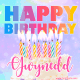 A vibrant animated name GIF with the words 'Happy Birthday Gwynedd' with colorful candles on a creamy cake. The background sparkles with pastel shades, adding a festive touch.