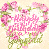 A stunning heart made of pink roses surrounds the elegant script text 'Happy Birthday Gwynedd' on a soft beige background. Animated sparkles add a magical and festive feel.