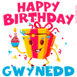 A vibrant and funny gift box character with a happy face dancing with a cupcake and the text 'Happy Birthday Gwynedd,' surrounded by animated confetti and party vibes.