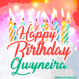 Bright birthday candles with rainbow flames on a cake, alongside the text 'Happy Birthday Gwyneira' in vibrant script in this celebratory animated GIF.