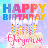A vibrant animated name GIF with the words 'Happy Birthday Gwyneira' with colorful candles on a creamy cake. The background sparkles with pastel shades, adding a festive touch.
