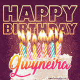 A colorful birthday cake topped with lit candles, with the words 'Happy Birthday Gwyneira' in bold glowing letters on a burgundy background. Animated flames add a festive touch.