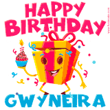 A vibrant and funny gift box character with a happy face dancing with a cupcake and the text 'Happy Birthday Gwyneira,' surrounded by animated confetti and party vibes.