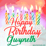 Bright birthday candles with rainbow flames on a cake, alongside the text 'Happy Birthday Gwyneth' in vibrant script in this celebratory animated GIF.