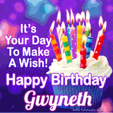 A colorful birthday GIF for Gwyneth featuring a cupcake with vibrant lit candles and the text 'It's Your Day to Make a Wish! Happy Birthday Gwyneth' in bold letters on a festive purple background.