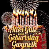 A chocolate birthday cake with glowing candles, the German text 'Alles Gute zum Geburtstag Gwyneth,' and vibrant fireworks lighting up the background in an animated GIF.