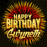 Golden 'Happy Birthday Gwyneth' text accompanied by animated rainbow fireworks for a festive animated greeting.